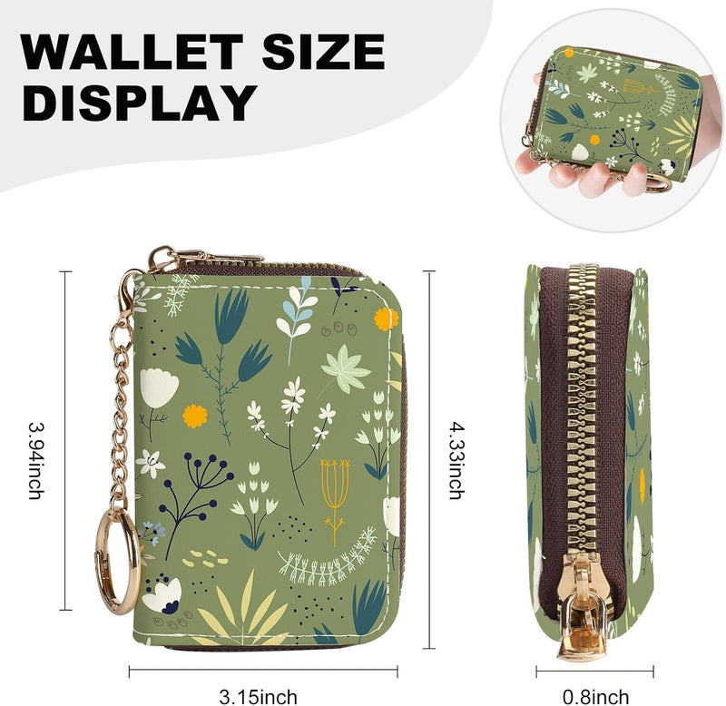 Luoycxy Credit Card Holder for Women,Small Rfid Wallet with Keychain Zipper,Cute PU Leather Card Case Wallet，Accordion Credit Card Wallets Gift,Green Grass White Flowers - Image 4